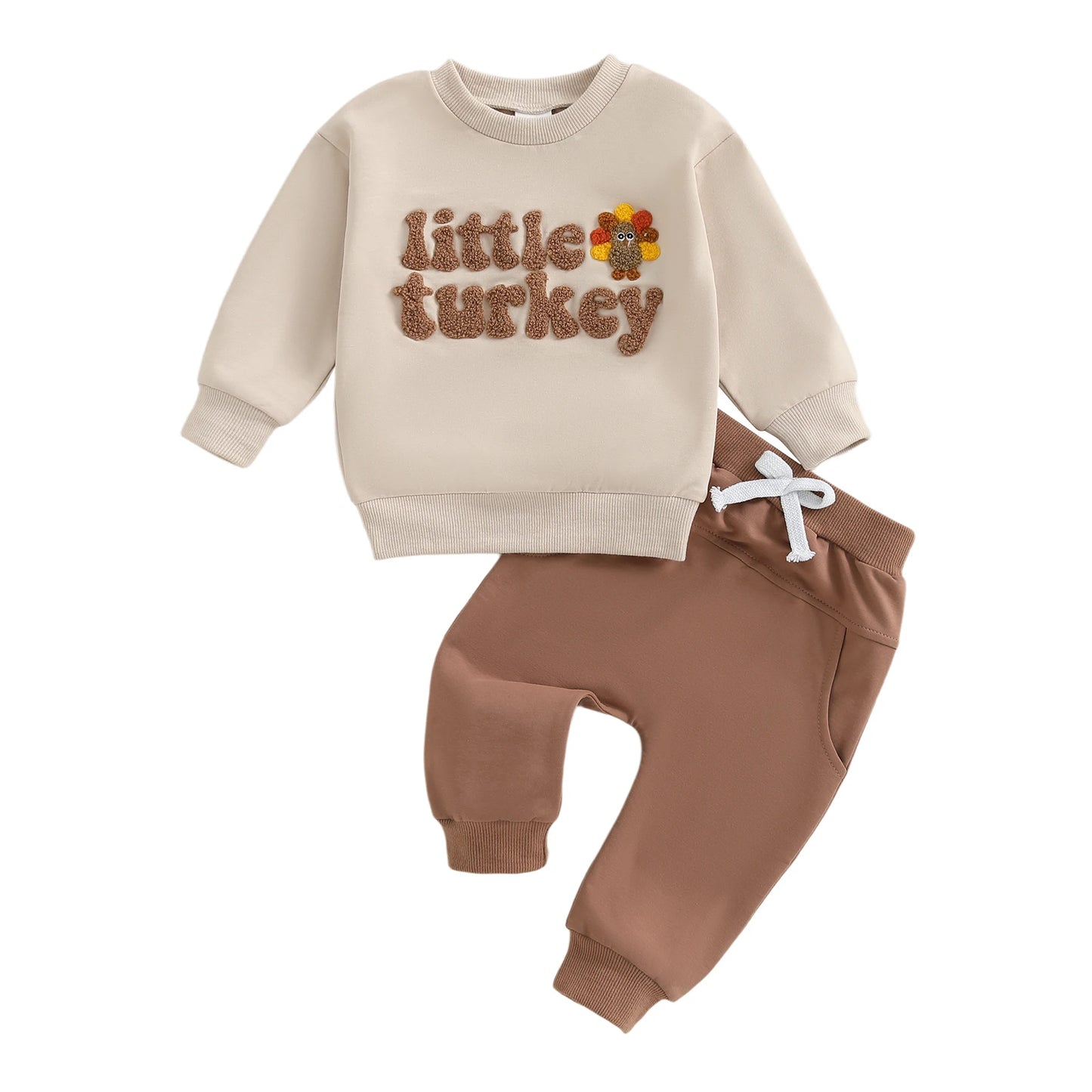 Baby Toddler Boy 2Pcs Little Turkey Thanksgiving Outfit Letter Turkey Embroidery Long Sleeve O-Neck Pullover + Elastic Waist Solid Pants Jogger Set