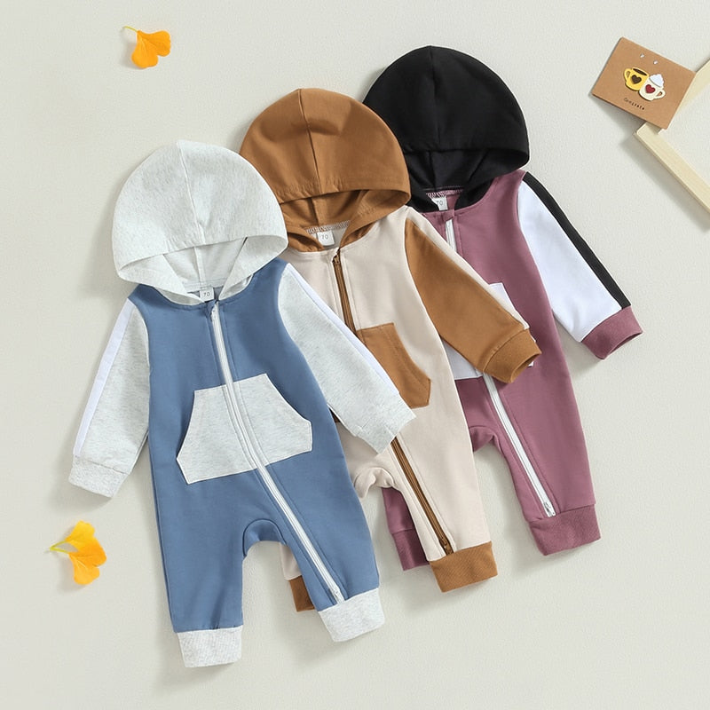 Baby Boy Girl Full Length Jumpsuit Contrast Color Hood Long Sleeve Romper with Zipper