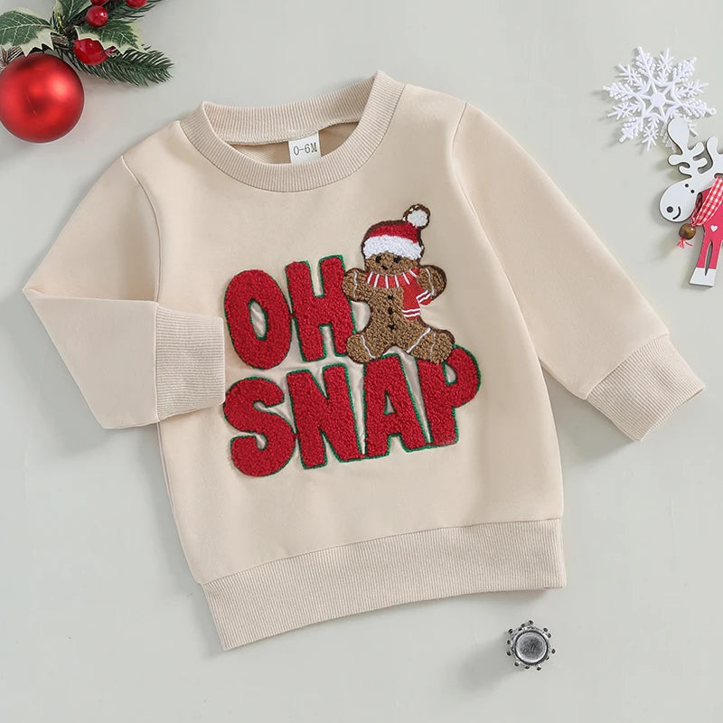 Baby Toddler Boys Girls Oh Snap Christmas Letter Gingerbread Man Embroidery Long Sleeve Crew Neck Pullover Top