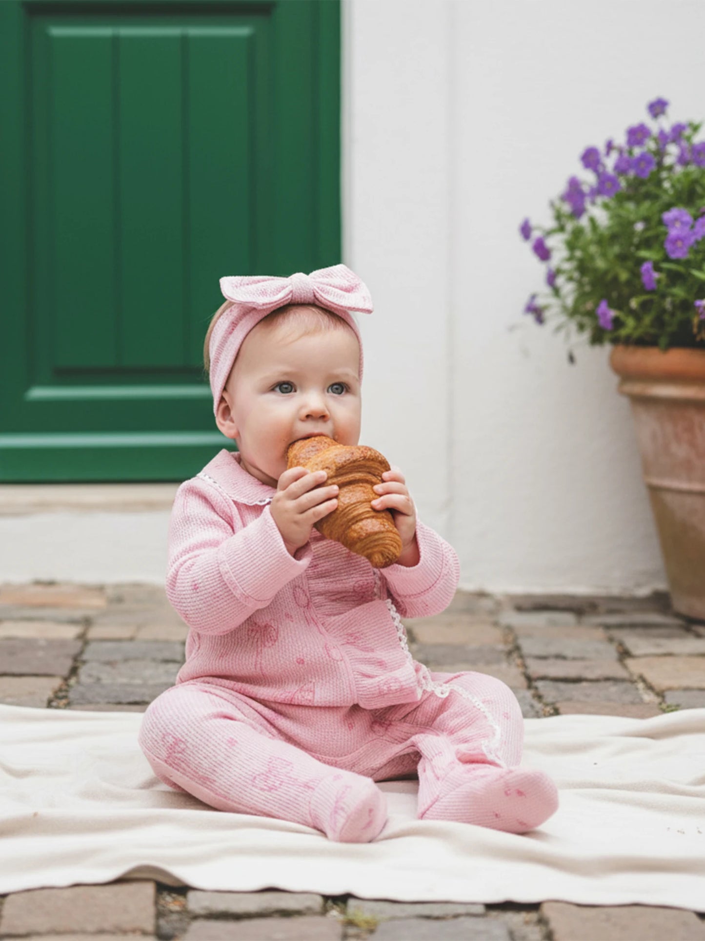 Baby Girl 2Pcs Romper Waffled Bow Print Long Sleeve Zip Up Footed Jumpsuit with Headband Set