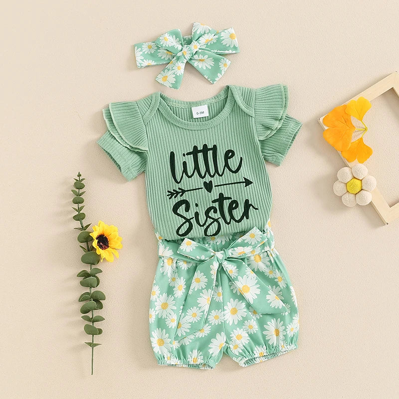 Baby Toddler Girls 3Pcs Summer Set Little Sister Letter Print Short Sleeve Romper Flower Daisy Print Shorts with Headband Outfit