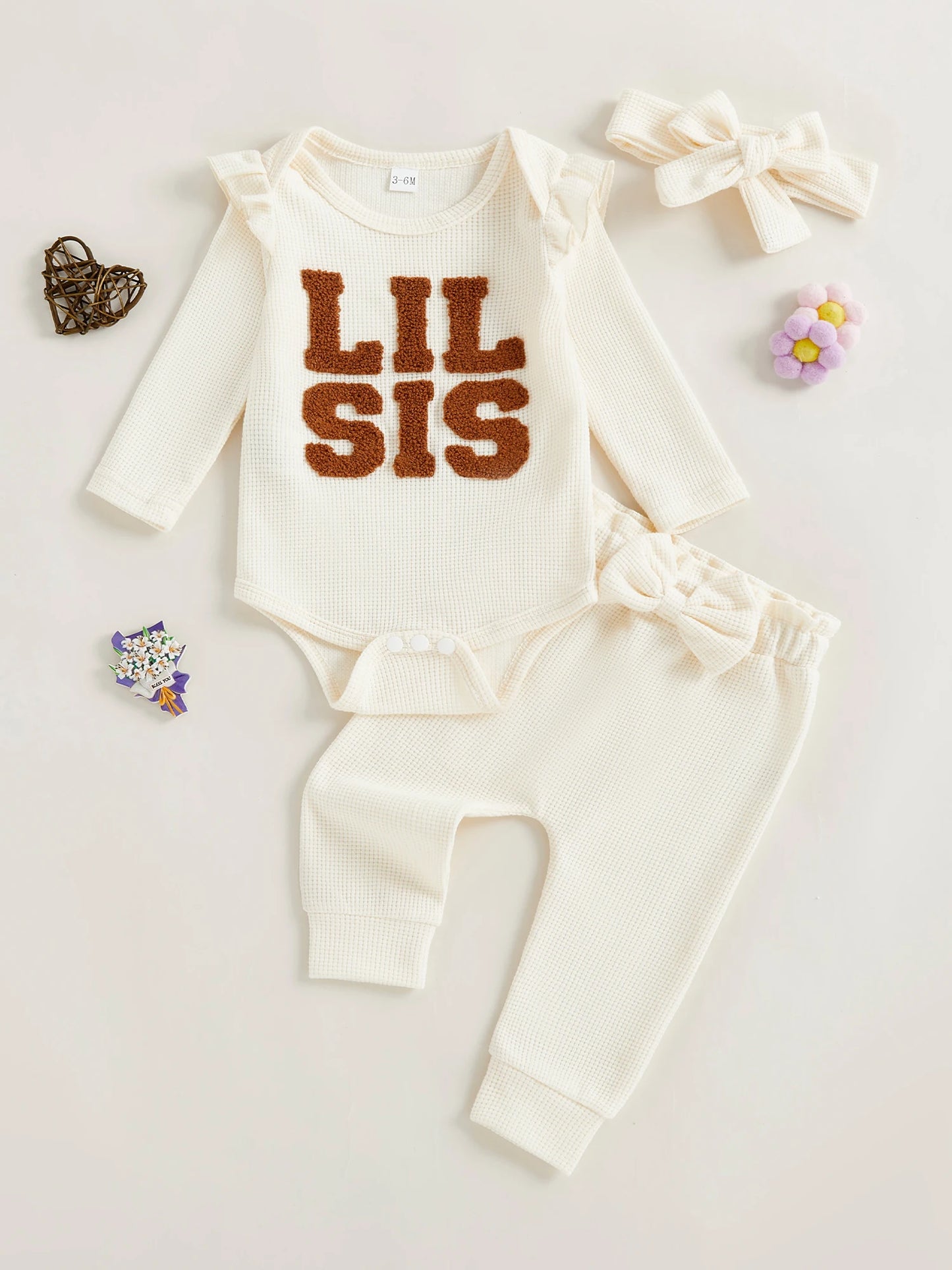 Baby Girl 3Pcs Lil Sis Outfit Waffle Letter Embroidered Crew Neck Long Sleeve Romper Jogger Pants and Headband 3 Pcs Set