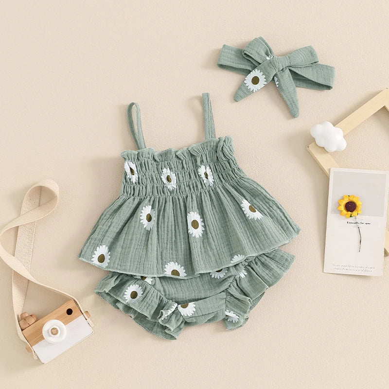 Baby Girls 3Pcs Shorts Set Spaghetti Straps Pleated Flower Print Camisole Top with Shorts Hairband Summer Outfit