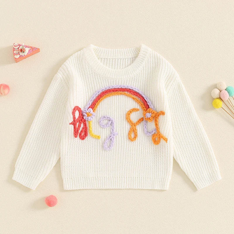 Toddler Kids Girls Big Sis Sweater Casual Rainbow Letter Embroidery Warm Knitted Long Sleeve Pullover Knitwear Top