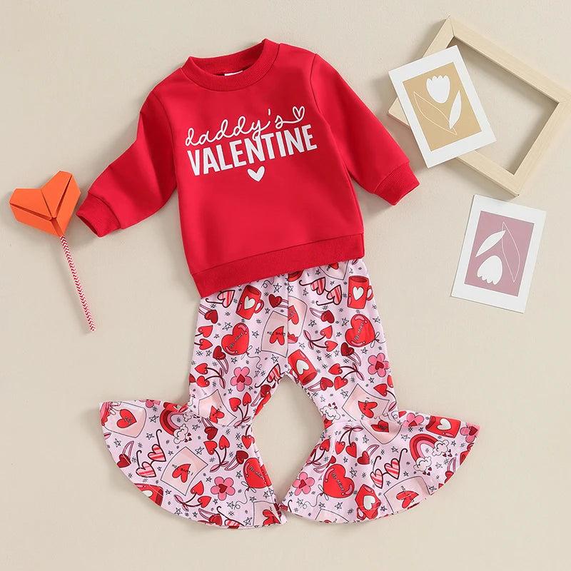 Toddler Baby Girl 2Pcs Valentine's Day Outfit Daddy's Valentine Letter Heart Print Crewneck Top Flare Pant Clothes Set