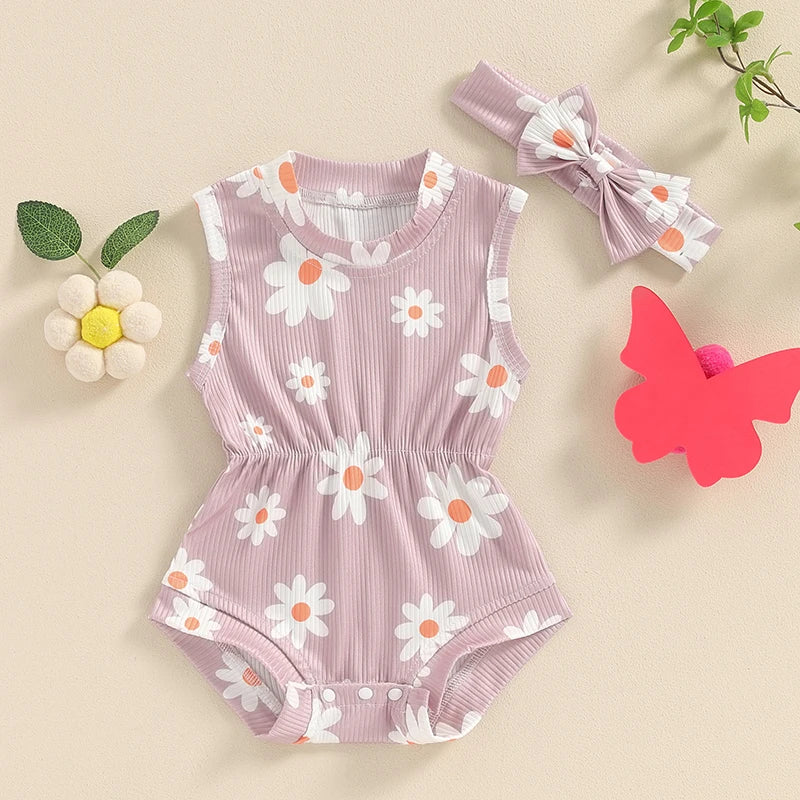 Baby Girls 2Pcs Rompers Daisy Print Round Neck Sleeveless Tank Top Bodysuit Summer Clothes with Headband