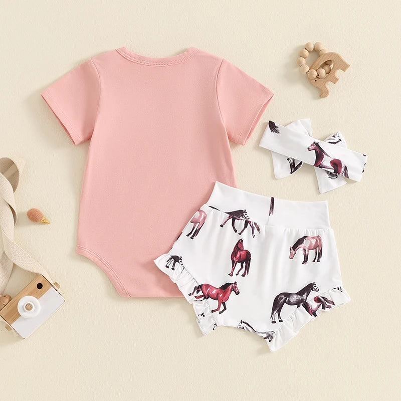 Baby Girls 3Pcs Summer Set Short Sleeve Romper Western Horse Print Bloomers Shorts Headband Set Outfit