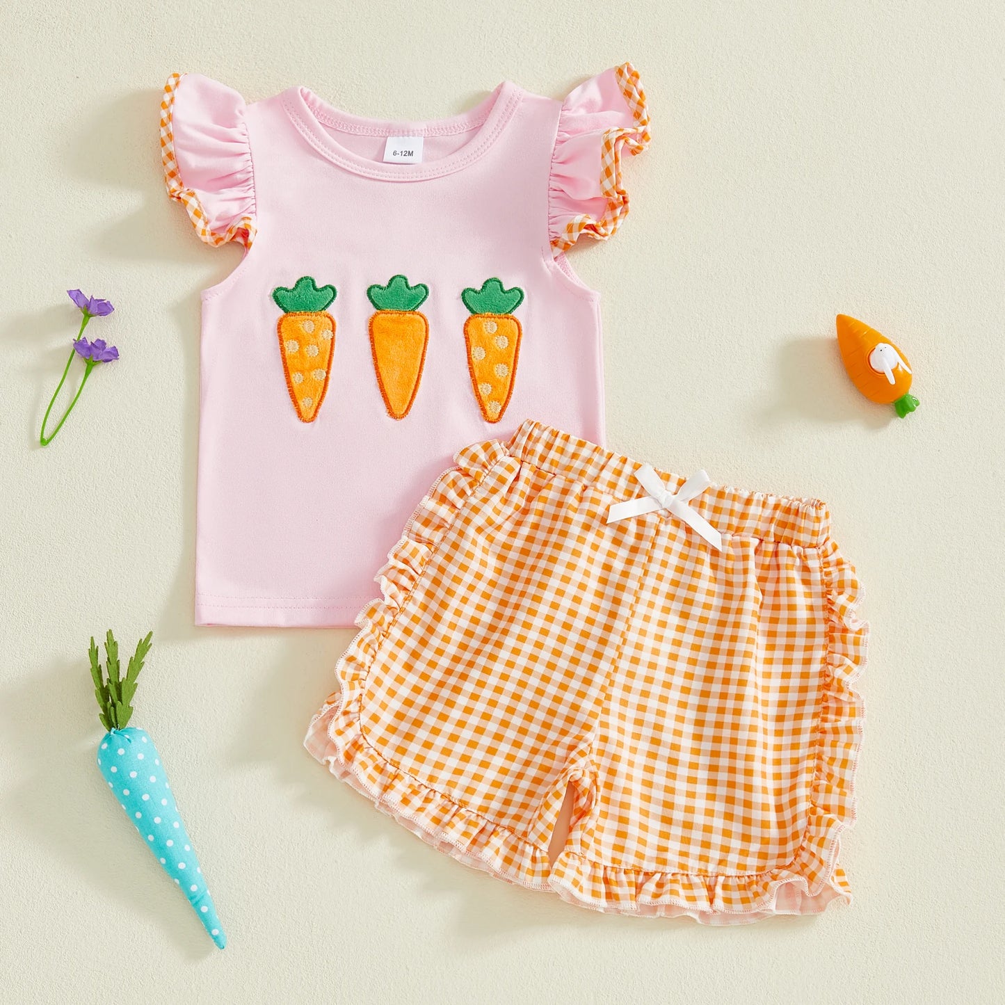 Baby Toddler Girls 2Pcs Easter Outfit Carrot Embroidered Flying Sleeve Top and Plaid Shorts Set