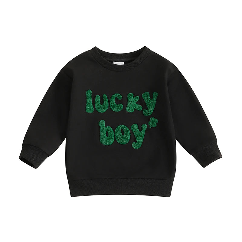 Baby Toddler Boys Lucky Boy St. Patrick's Day Irish Spring Letter Clover Shamrock Embroidered Long Sleeve O-Neck Casual Pullover Top