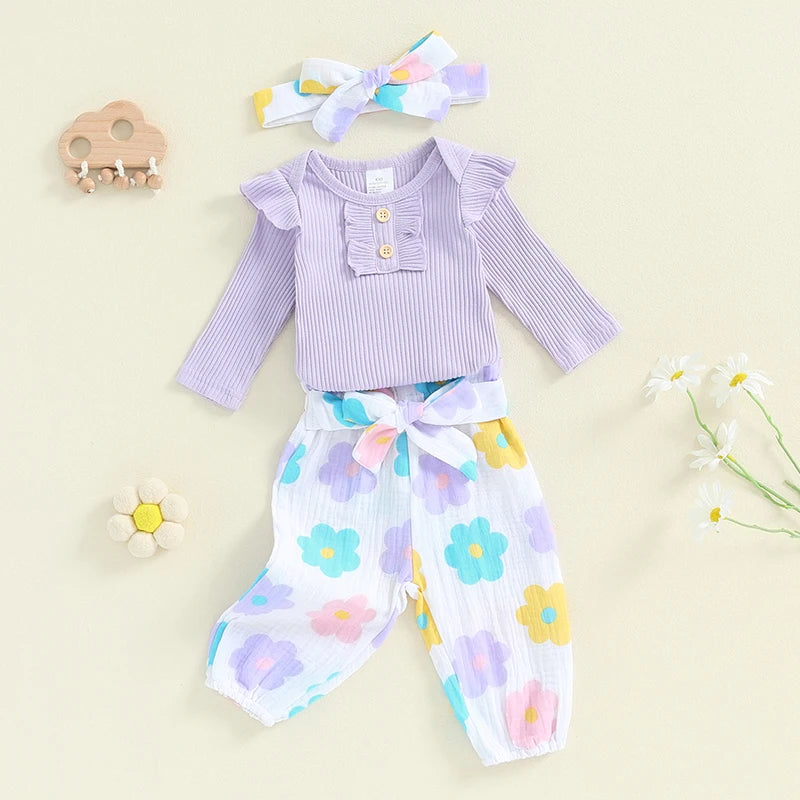 Baby Girls 3Pcs Fall Outfit Long Sleeve Ribbed Romper + Floral Flower Print Pants + Headband Set