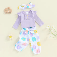 Load image into Gallery viewer, Baby Girls 3Pcs Fall Outfit Long Sleeve Ribbed Romper + Floral Flower Print Pants + Headband Set
