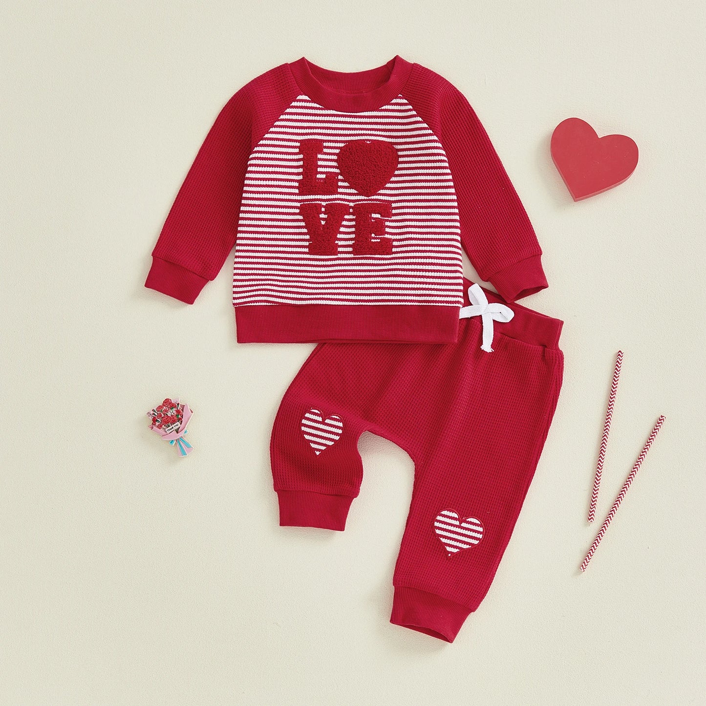 Baby Toddler Boy Girl 2Pcs Valentine's Day Outfits Waffle Stripe Heart Letter LOVE Embroidered Crew Neck Long Sleeve Top with Heart Patch Pants Jogger Set