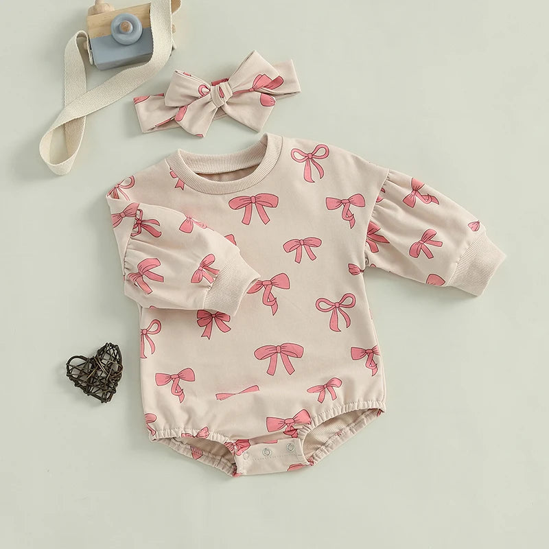 Baby Girl 2Pcs Fall Outfit Bow Print Crew Neck Long Sleeve Bubble Romper Tie-up Headband Set