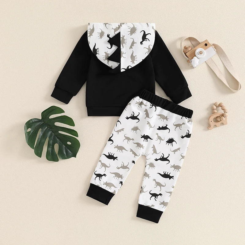 Baby Toddler Boys 2Pcs Fall Clothes Dinosaur Print Long Sleeve Hooded Top  with Elastic Waist Pants Outfit Set