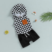 Load image into Gallery viewer, Toddler Baby Boy 2Pcs Summer Outfits Checkerboard Print Tank Top Hoodie and Harem Shorts
