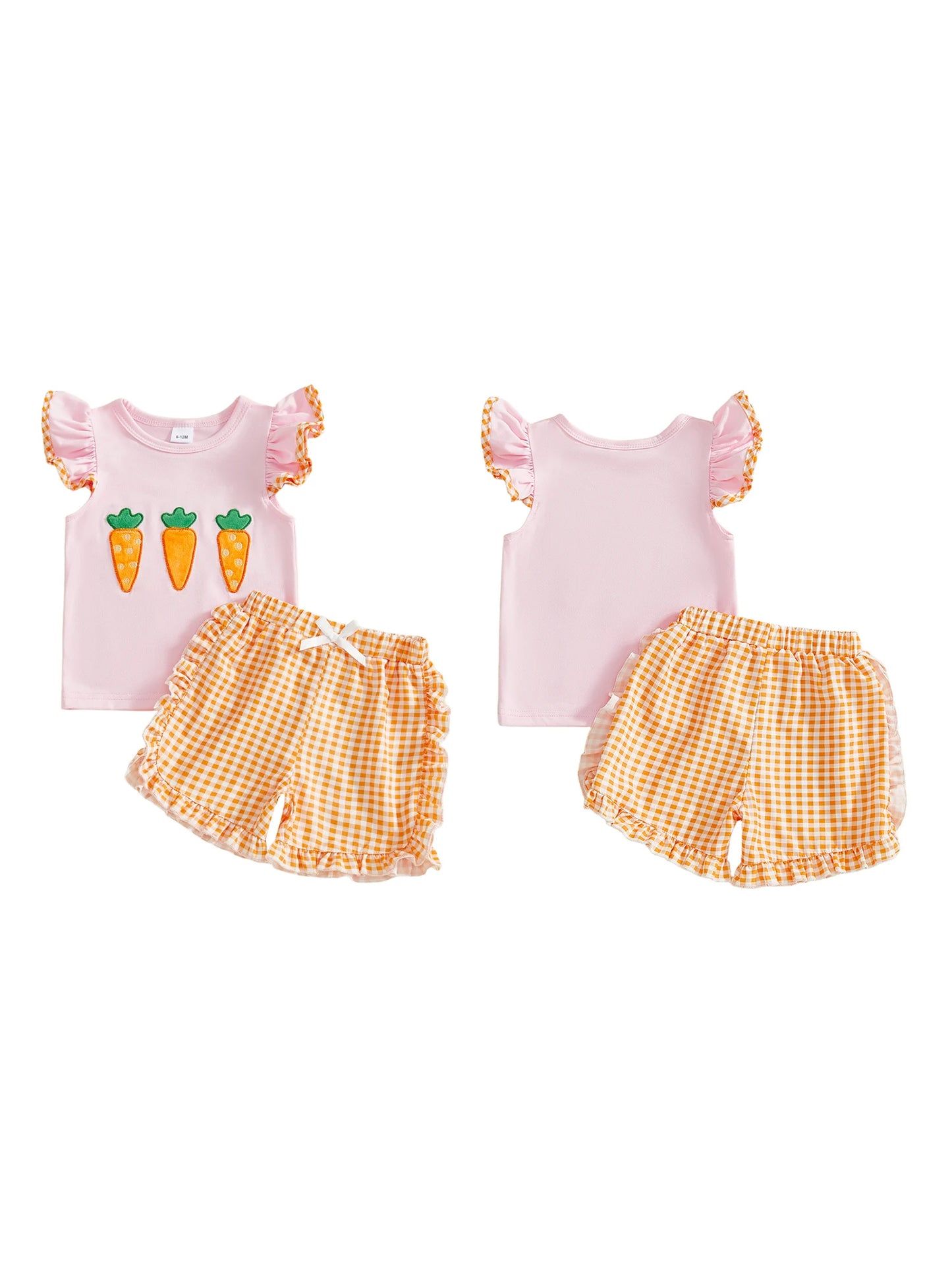 Baby Toddler Girls 2Pcs Easter Outfit Carrot Embroidered Flying Sleeve Top and Plaid Shorts Set