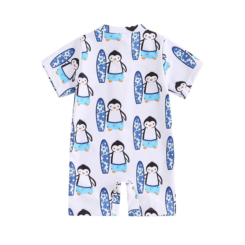 Baby Toddler Boy's Swimwear Short Sleeve Dinosaur Penguin Print Half Zip Up Rash Guard Bathing Suit
