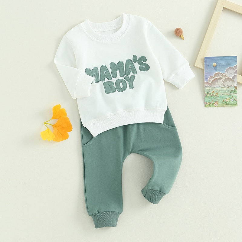 Baby Toddler Boys Girls 2Pcs Fall Clothes Sets Long Sleeve Mamas Boy Embroidery Tops Pant