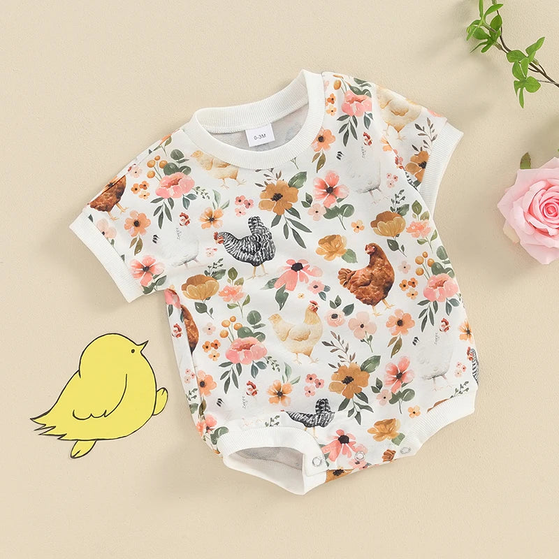 Baby Girls Romper Floral Farm Hen Chicken Flower Print Round Neck Short Sleeve Jumpsuits Casual Clothes