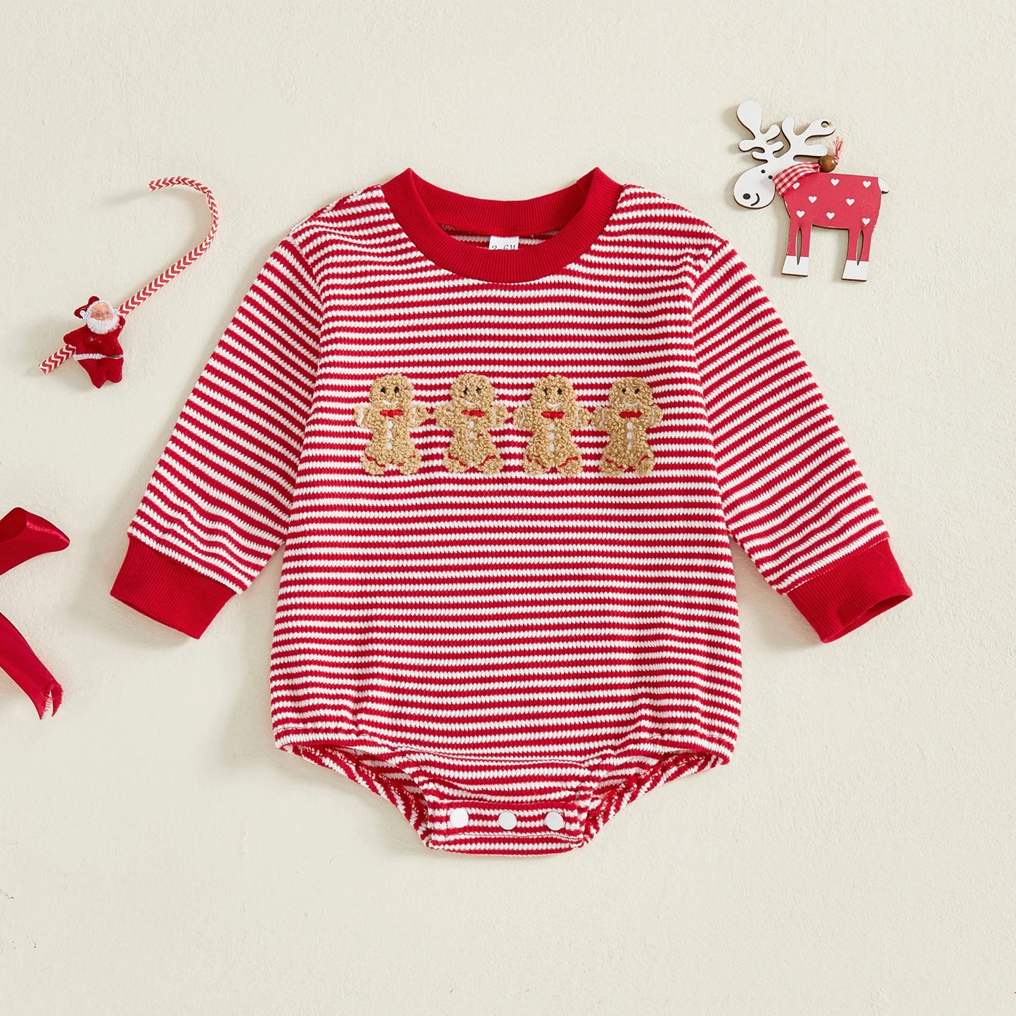 Baby Girls Boys Striped Romper Fashionable Christmas Gingerbread Embroidery Round Neck Long Sleeve Jumpsuit