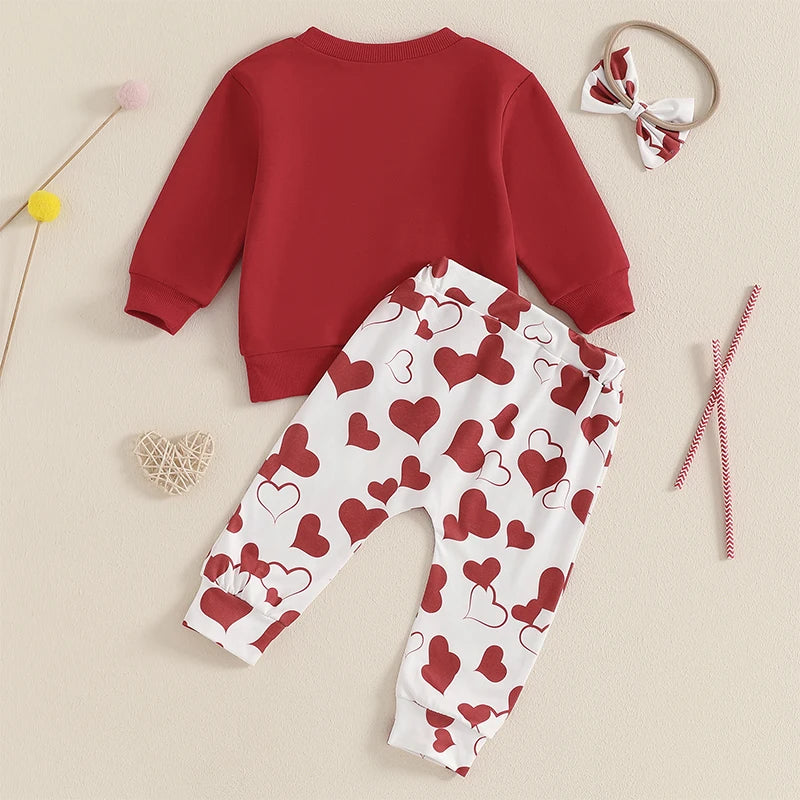 Baby Toddler Girls 3Pcs Valentine's Day Outfit Hello Valentine Letter Print Crew Neck Long Sleeve Top Heart Print Long Jogger Pants Headband Bow Valentines Set