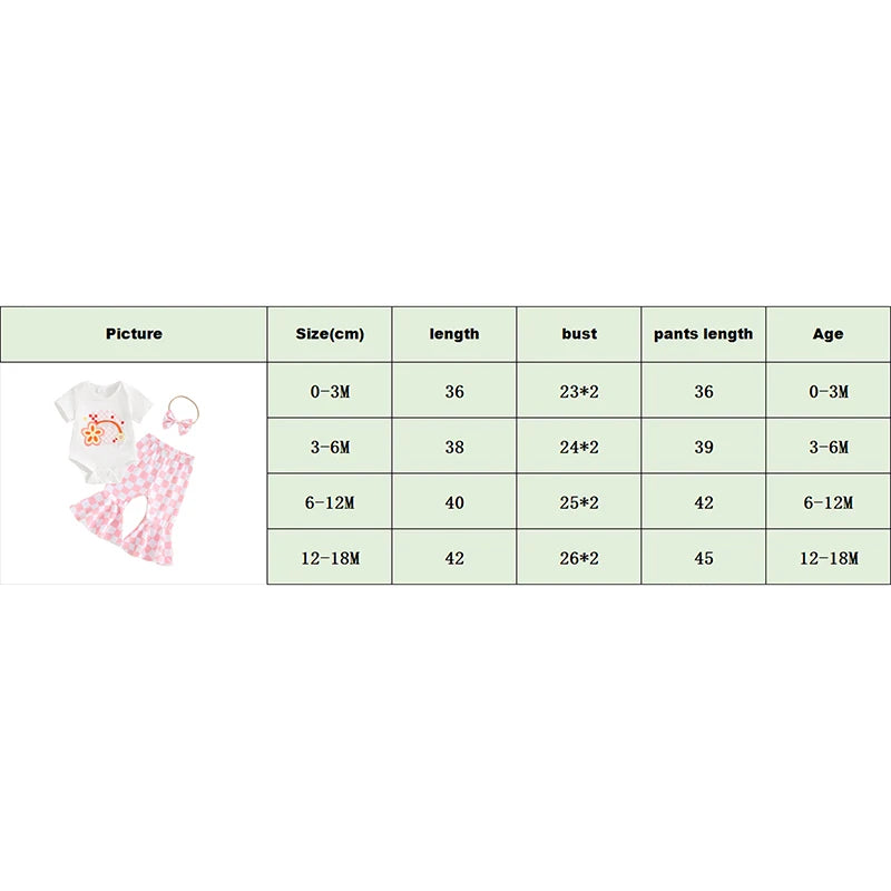 Baby Girls 3Pcs Summer Outfit Floral Rainbow Print Short Sleeve Romper and Checkered Flare Pants Headband Bow Clothes Set