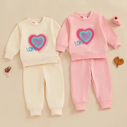 Baby Toddler Girls 2Pcs Love Heart Embroidery Long Sleeve Crewneck Top with Pants Jogger Set Valentine's Day Outfit