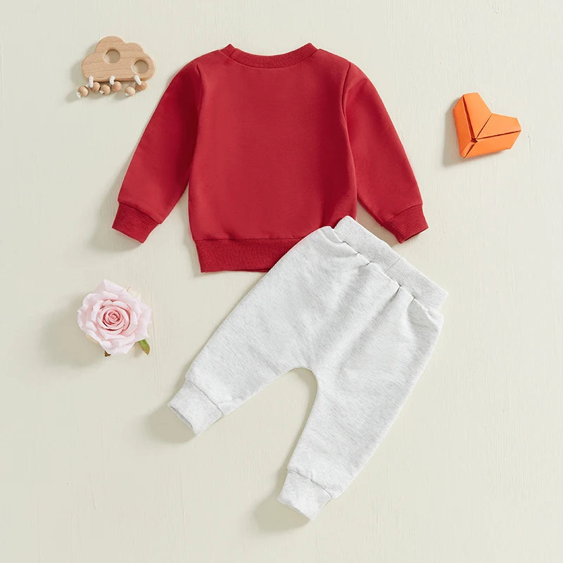 Baby Toddler Girls Boys 2Pcs Little Valentine Valentine's Day Heart Letter Print Long Sleeve Round Neck Top Long Pants Outfit Valentines Jogger Set