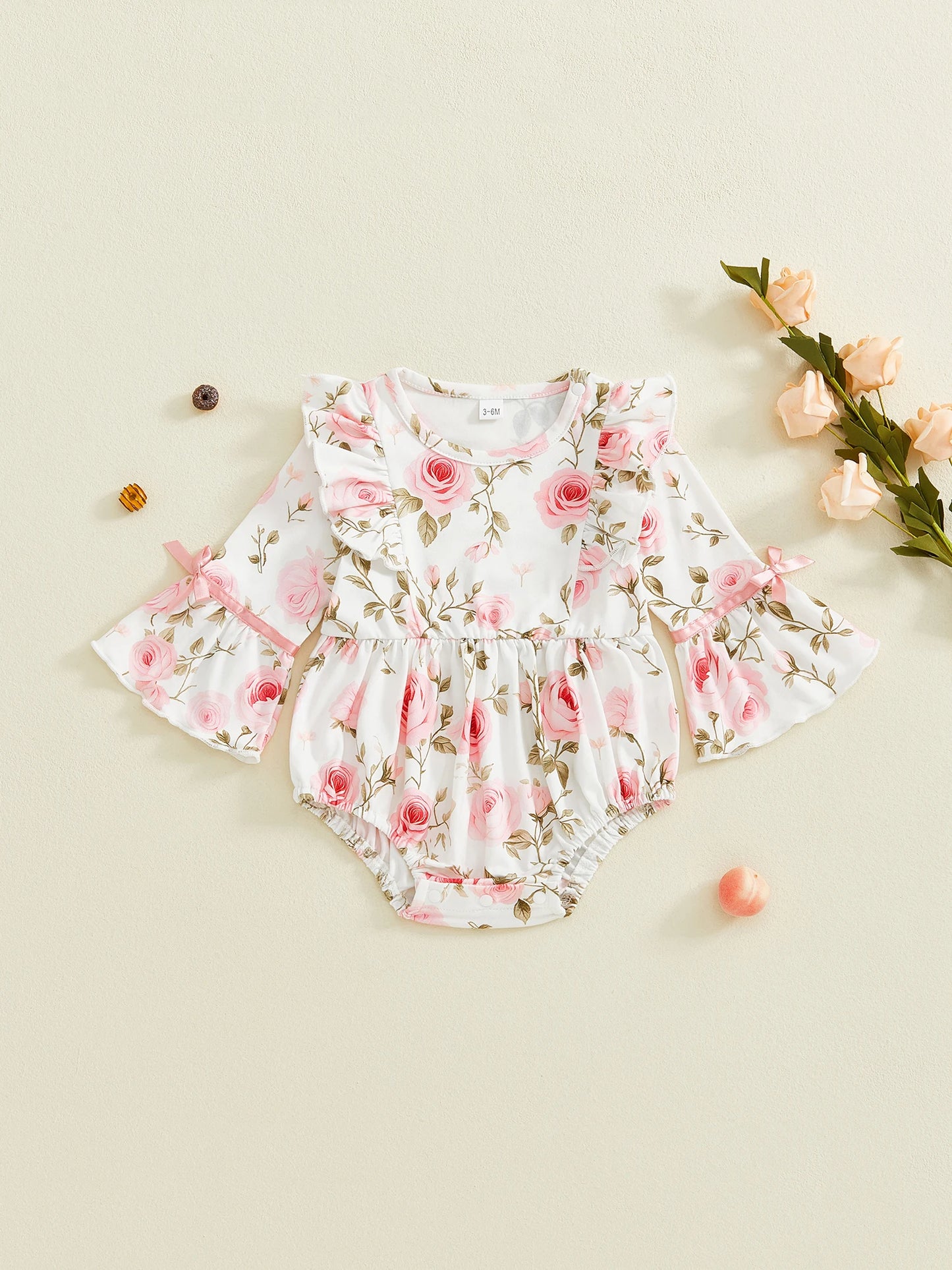 Baby Girls Floral Romper Comfortable Long Sleeve Round Neck Flower Print Jumpsuit