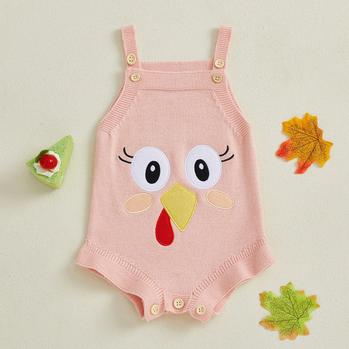 Baby Girl Thanksgiving Knit Romper Cute Turkey Print Square Neck Sleeveless Infant Jumpsuit Overalls