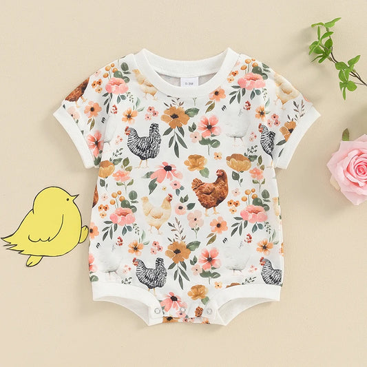 Baby Girls Romper Floral Farm Hen Chicken Flower Print Round Neck Short Sleeve Jumpsuits Casual Clothes