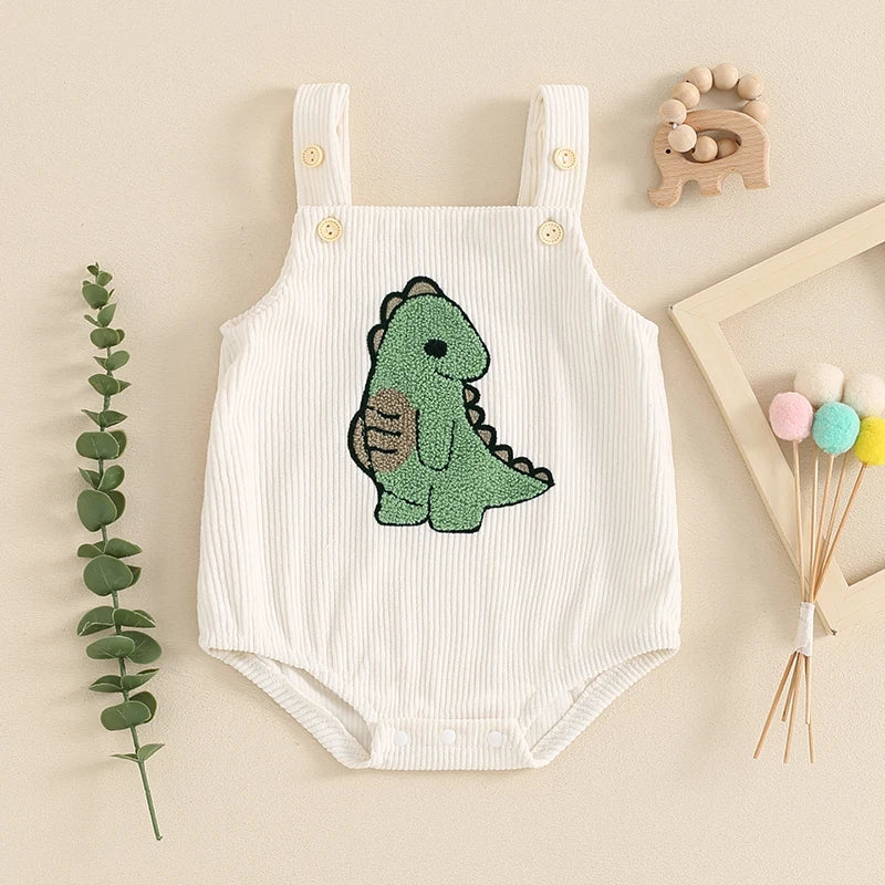 Baby Boys Girls Corduroy Romper Casual Square Neck Sleeveless Overall Chicken Dinosaur Baseball Tractor Embroidery Summer Jumpsuit