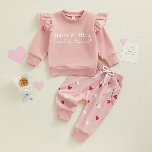 Toddler Baby Girls 2Pcs Valentine's Day Outfit Daddy's Little Valentine Letter Print Long Sleeve Top Heart Print Pants Set