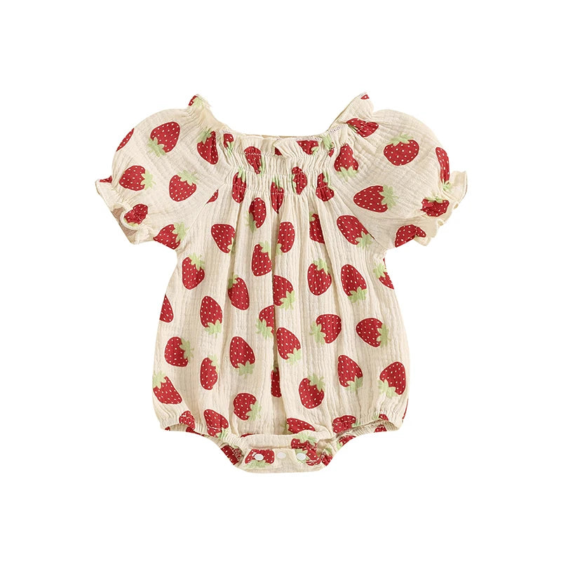 Baby Toddler Girls Strawberry Print Romper Square Neck Puff Sleeve Ruffled Summer Jumpsuit