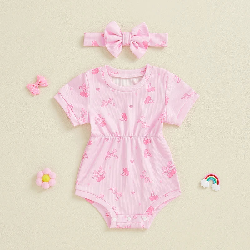 Baby Girls 2Pcs Elastic Waist Romper Floral Flowers / Bow / Strawberry Short Sleeve Bodysuit with Headband Clothes Set Outfit Spring Summer