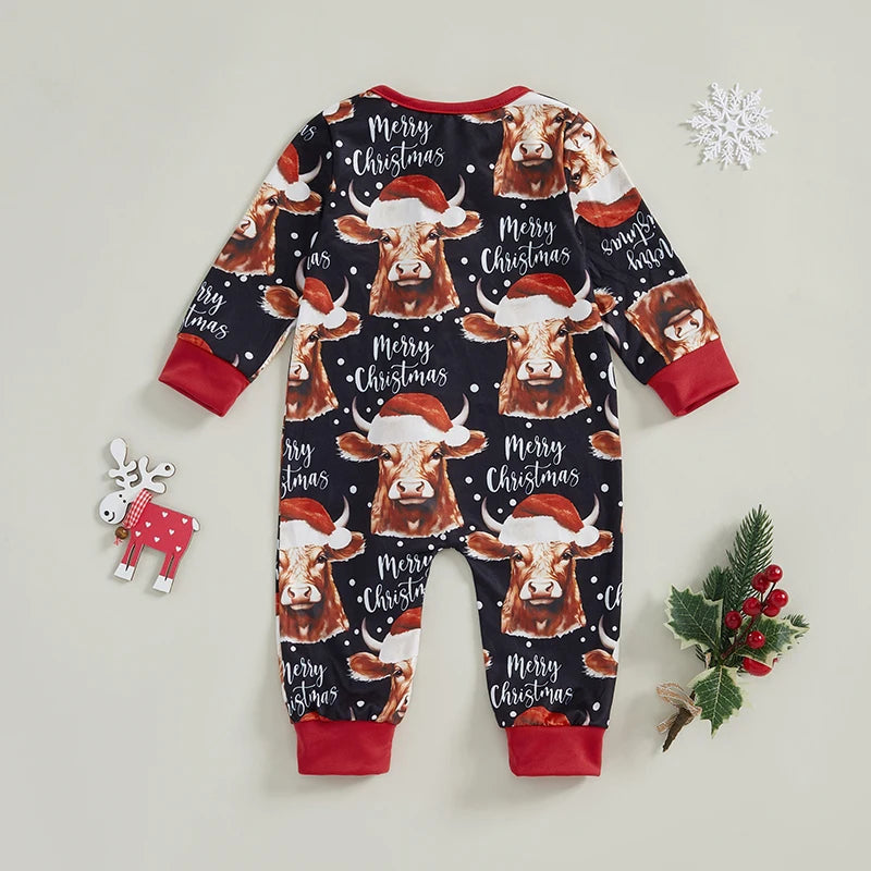 Baby Boys Girls Christmas Jumpsuit Bull Cow Santa Hat Merry Christmas Letter Print Round Neck Long Sleeve Zipper Romper