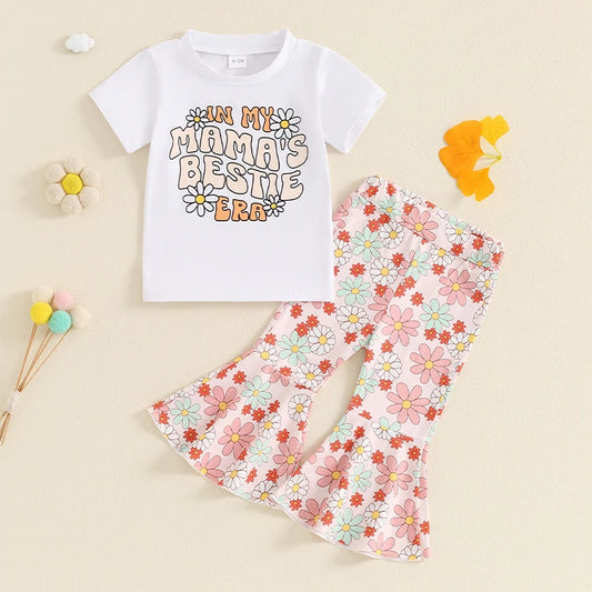 Baby Toddler Girls 2Pcs Summer Outfit In My Mama's Bestie Era Letter Flowers Print Short Sleeve Top Daisy Print Flared Bell Bottom Pants Set