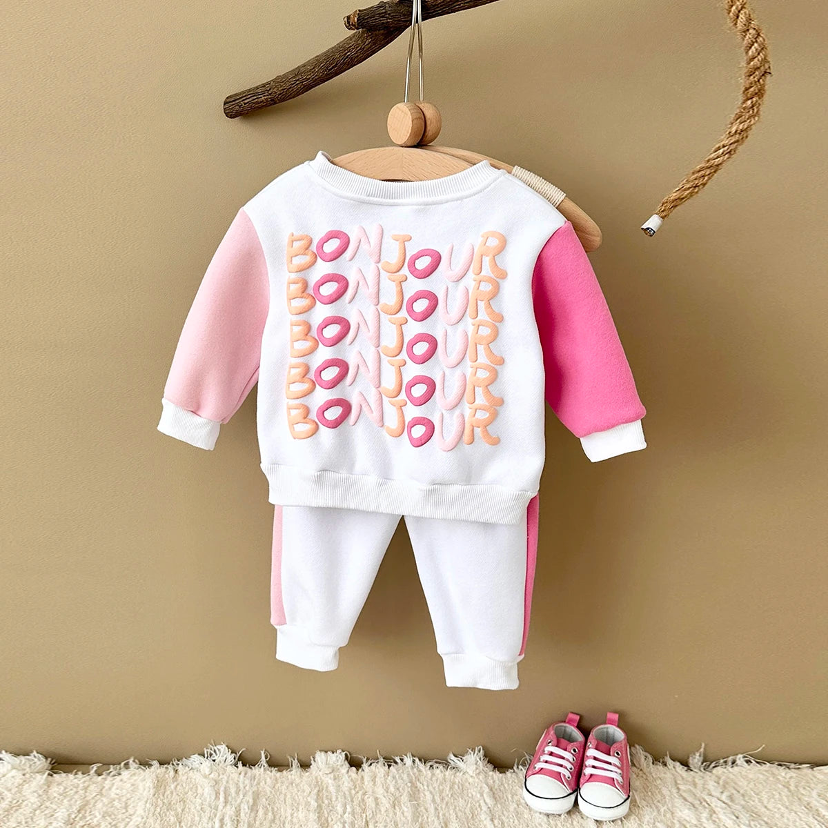 Baby Toddler Boys Girls 2Pcs Bonjour Jogger Set Outfit Letter Print Long Sleeve Top + Pants