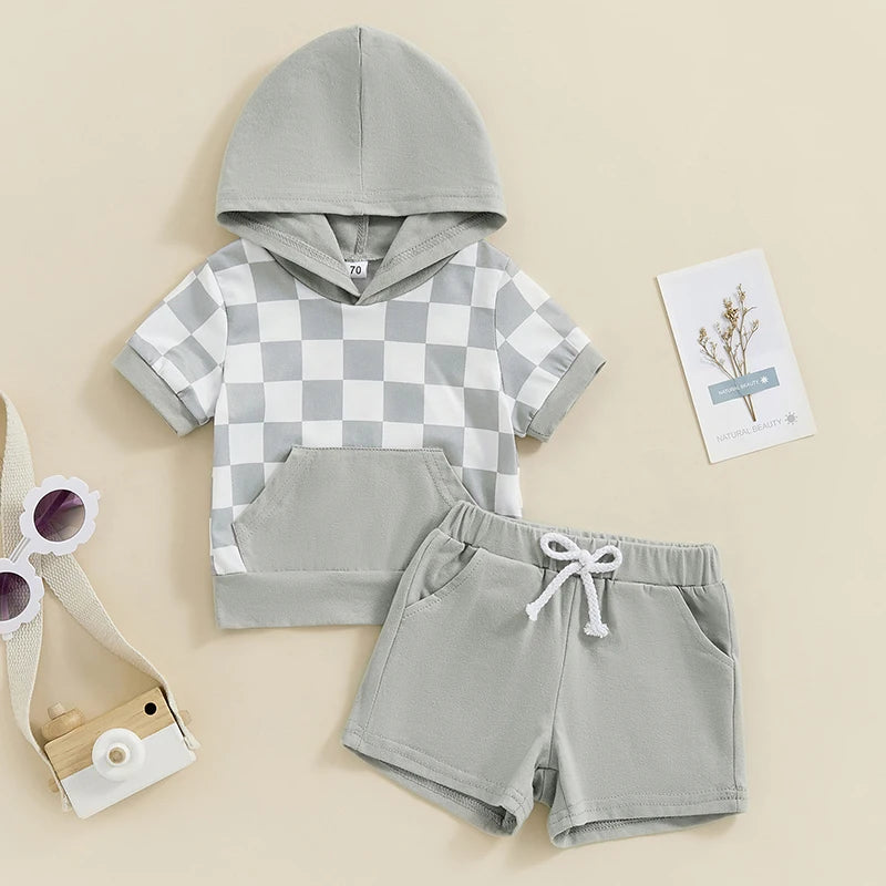 Baby Toddler Boys Girls 2Pcs Short Sleeve Checkerboard Hooded Top with Pocket and Drawstring Shorts Set Outfit