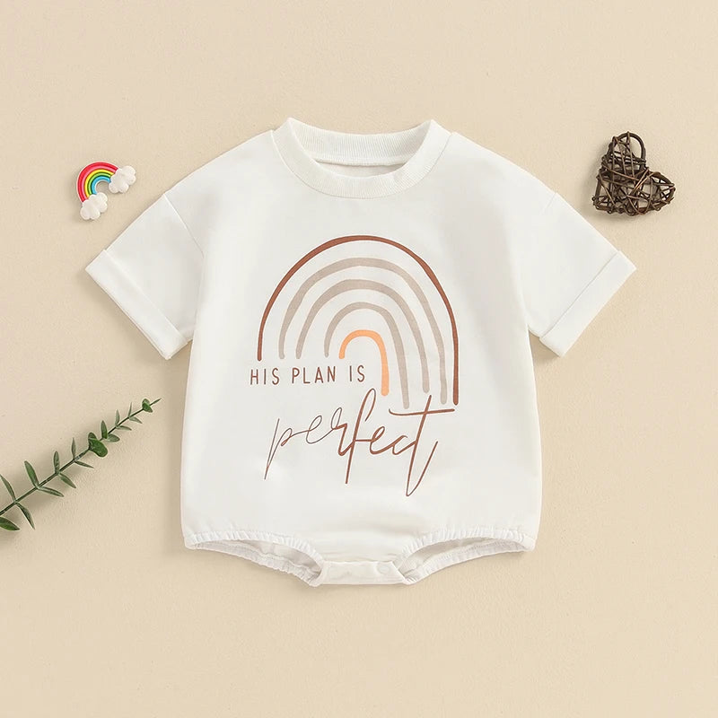 Baby Boy Girl His Plan Is Perfect Romper Short Sleeve Crew Neck Rainbow Letters Print Jumpsuit Clothes