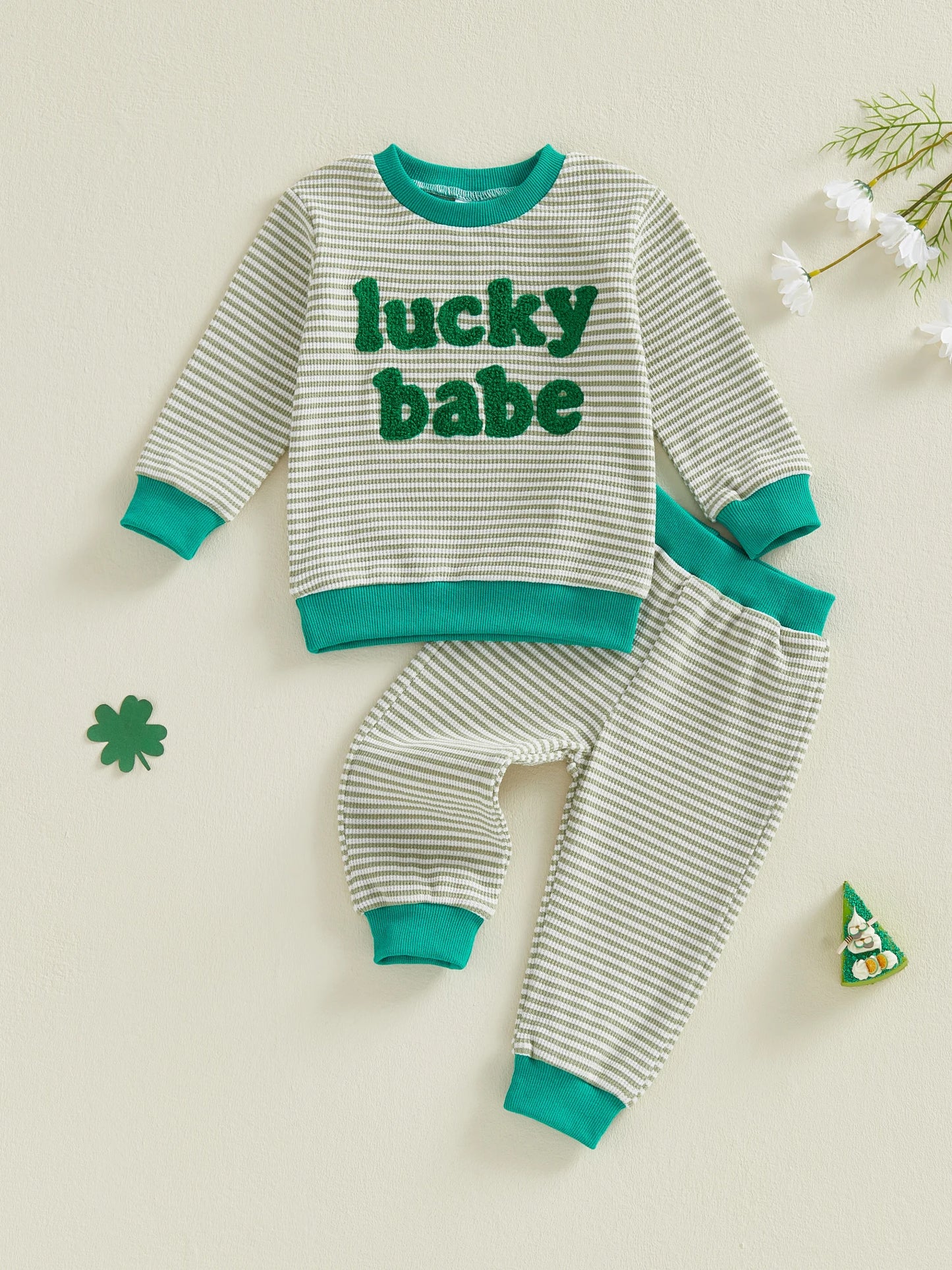 Baby Toddler Boys Girls 2Pcs Lucky Babe St. Patrick's Day Irish Outfit Striped Letter Embroidered Long Sleeve Top and Pants Jogger Set