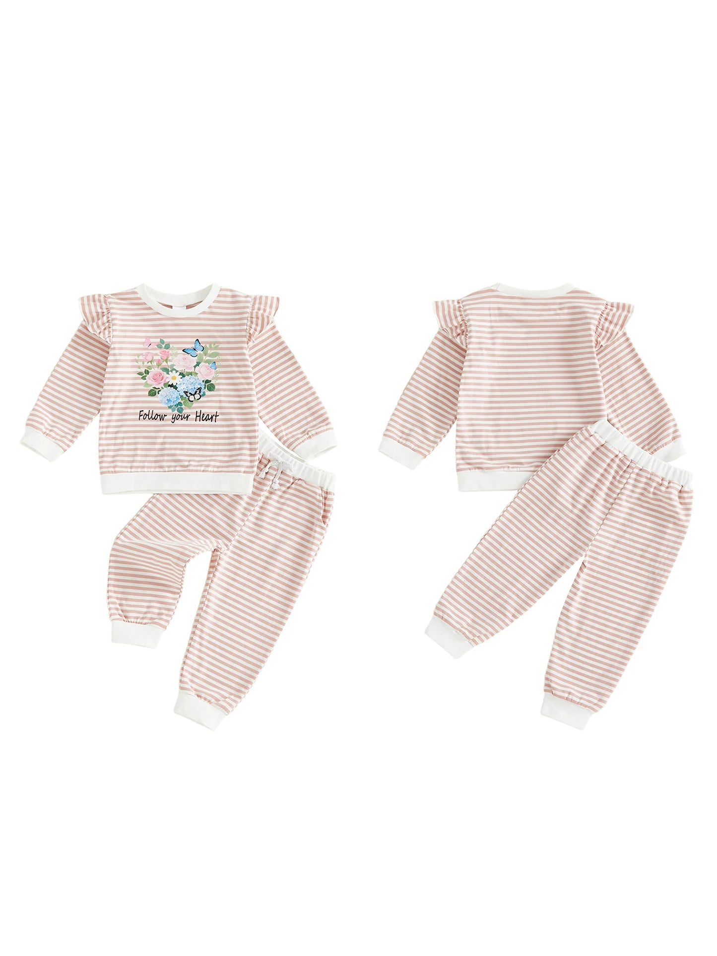 Baby Toddler Girls 2Pcs Follow Your Heart Spring Outfit Ruffle Long Sleeve Crew Neck Letters Floral Print Top with Striped Pants Jogger Set
