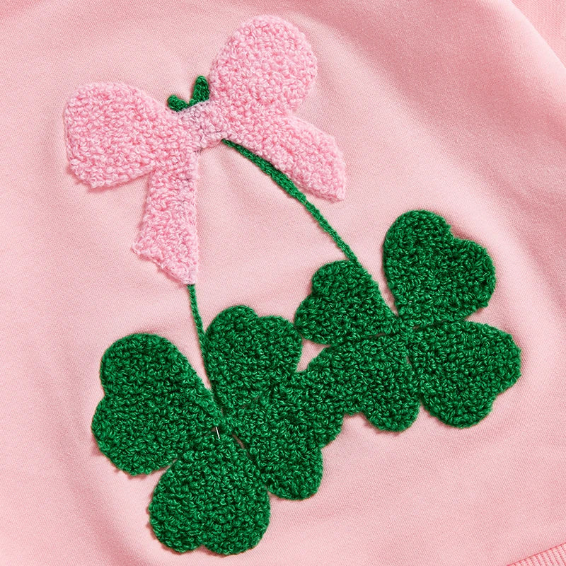 Baby Toddler Girls St. Patrick's Day Irish Bow Four Leaf Clover Embroidery Long Sleeve Pullover Top Casual Spring Clothes