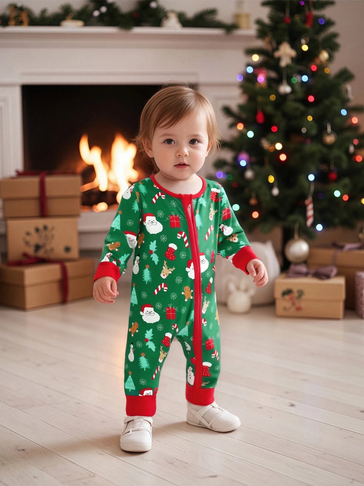 Baby Boys Girls Christmas Zipper Romper Reindeer Santa Print Zip Up Long Sleeve Round Neck Jumpsuit