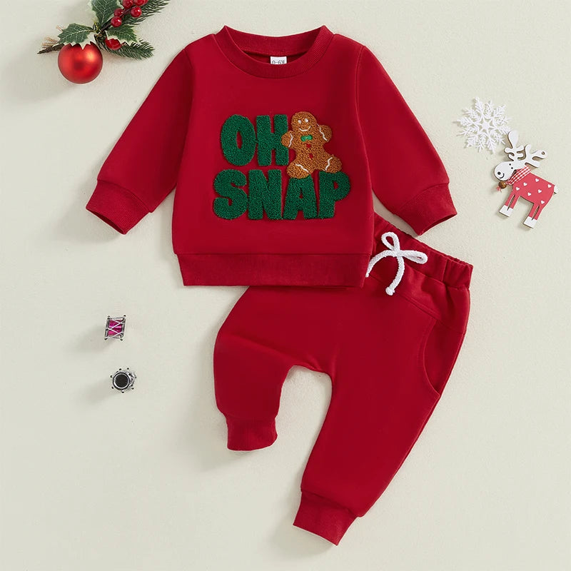 Baby Toddler Boys Girls 2Pcs Christmas Outfit Long Sleeve Oh SNAP Gingerbread Man Embroidery Top Pants Jogger Set Winter