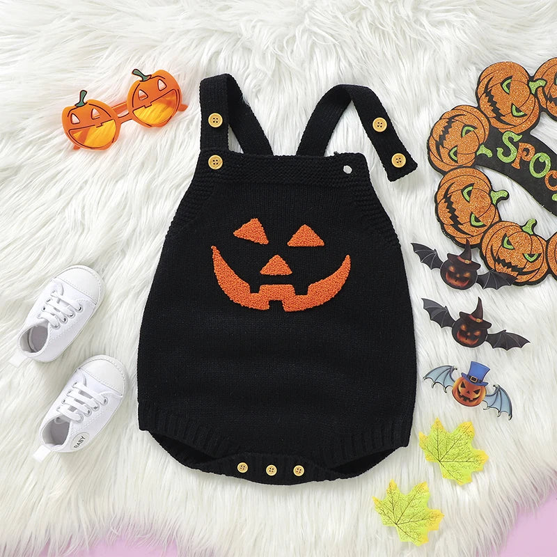 Baby Boys Girls Knit Romper Sleeveless Pumpkin Face Jack O Lantern Bodysuit Overalls Halloween