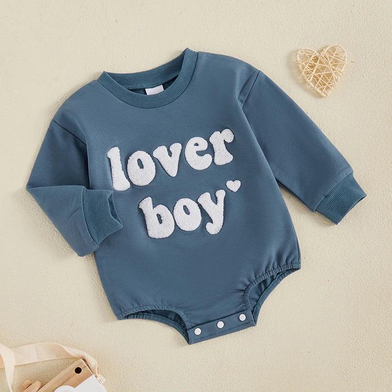 Baby Boys Lover Boy Valentine's Day Bubble Romper Long Sleeve O-Neck Embroidery Letters Valentines Bodysuit