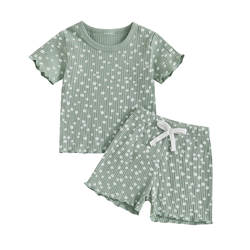 Baby Toddler Girls 2Pcs Flower Set Short Sleeve T-shirt Top With Shorts Floral Outfit