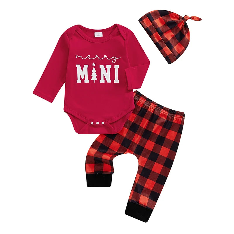 Baby Boys Girls 3Pcs Merry Mini Christmas Set Letter Print Long Sleeve Romper Plaid Print Long Pants Hat Outfit