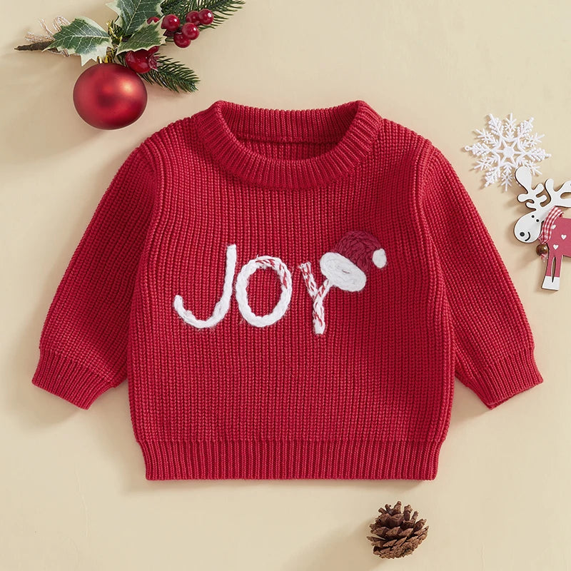 Baby Toddler Girls Boys Christmas Knit Sweater Long Sleeve O Neck Reindeer/Snowman/Joy Santa Hat Embroidery Pullover Knitwear Top